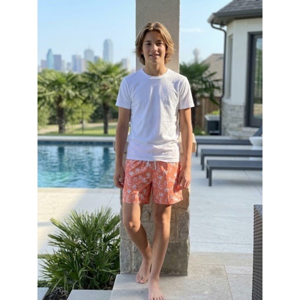 H&M Swim Trunks Men US 16/18 Coral Orange Palm Tree Print Excellent Quick-Dry